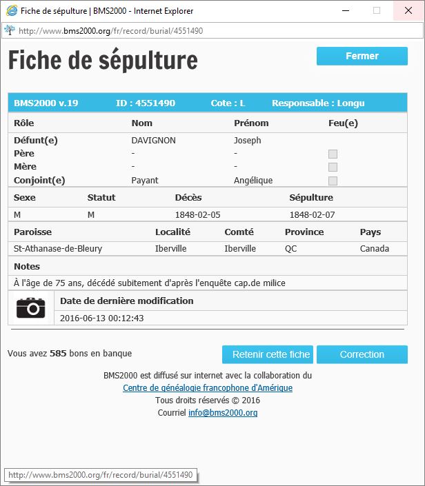 Fiche de sépulture de la base de données BMS2000