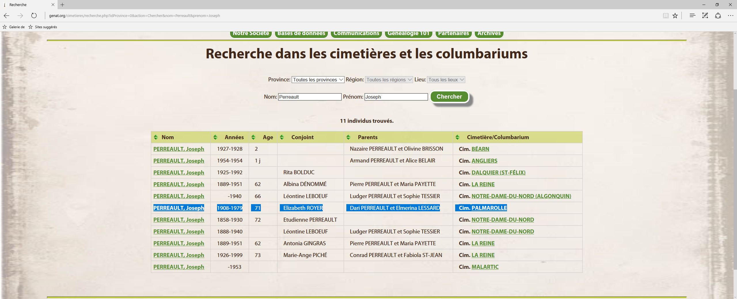 Mention du lieu de sépulture