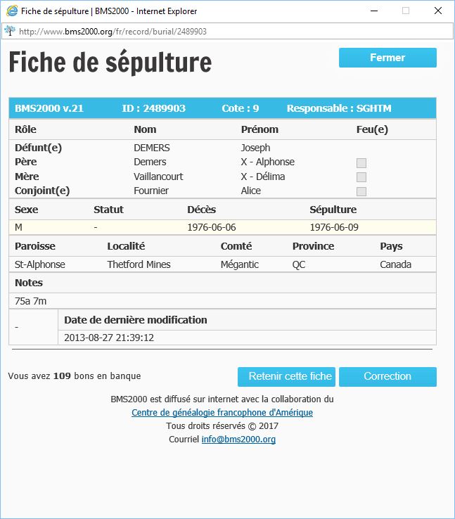 Fiche de sépulture de la base de données BMS2000