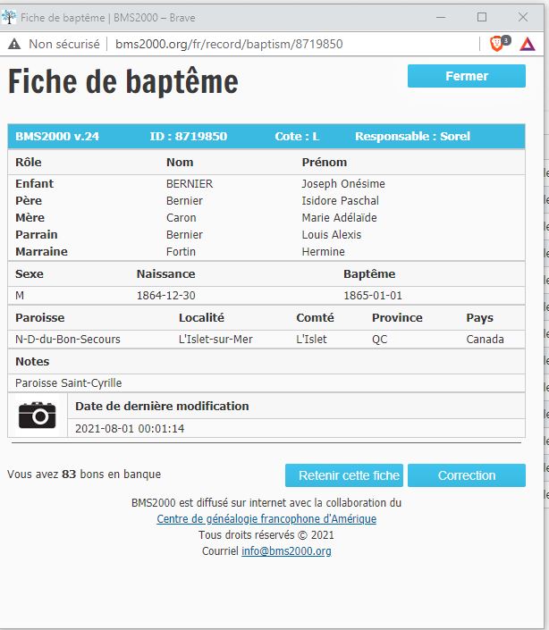 Fiche de baptême de la base de données BMS2000