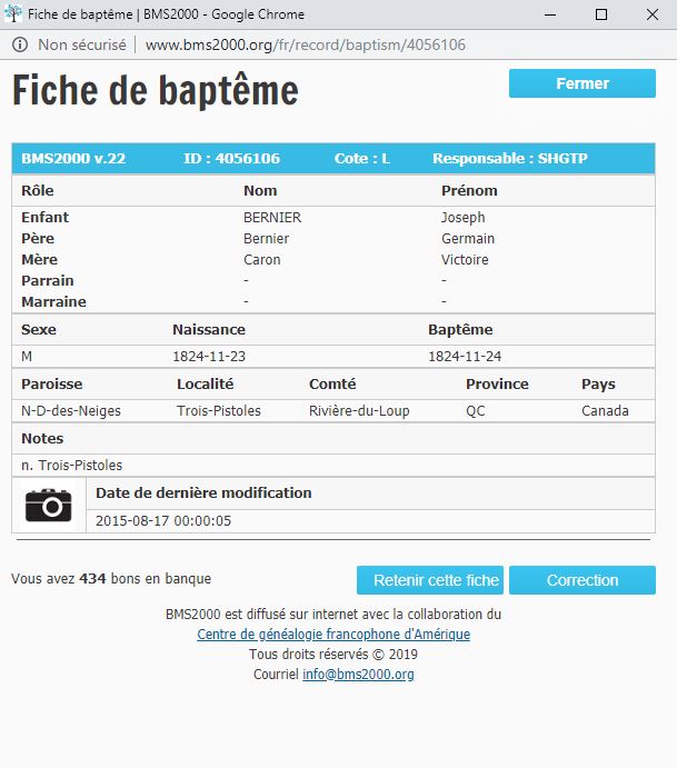 Fiche de baptême de la base de données BMS2000