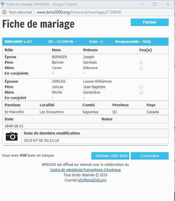 Fiche de mariage de la base de données BMS2000