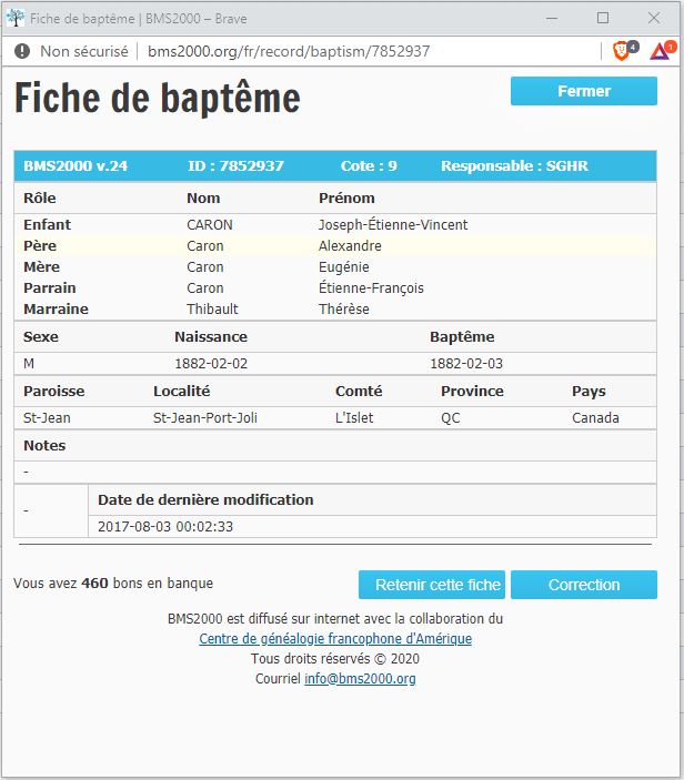 Fiche de baptême de la base de données BMS2000
