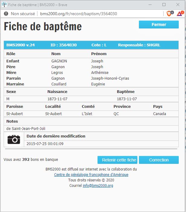Fiche de baptême de la base de données BMS2000
