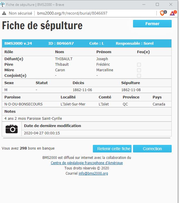 Fiche de sépulture de la base de données BMS2000