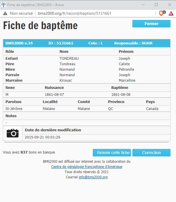 Fiche de baptême de la base de données BMS2000