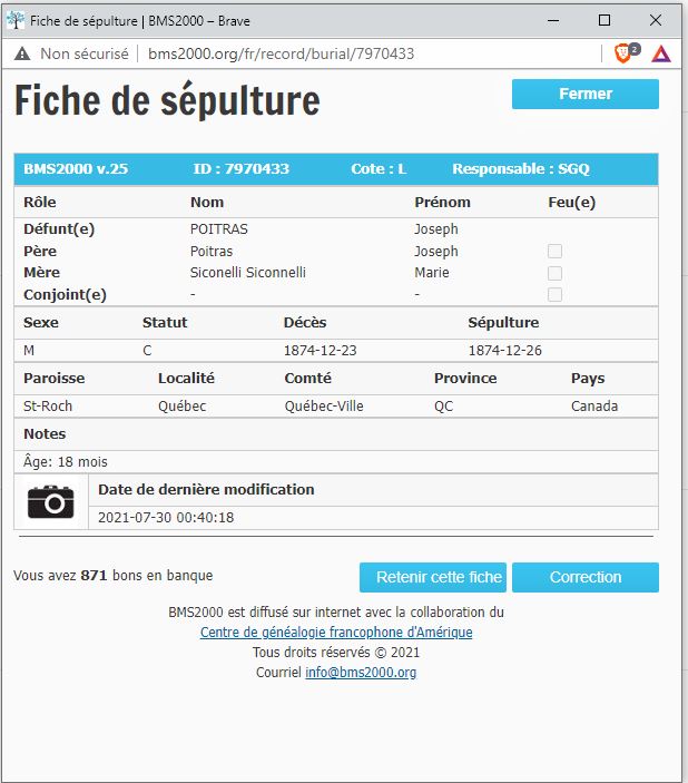 Fiche de sépulture de la base de données BMS2000 Fiche de sépulture de la base de données BMS2000