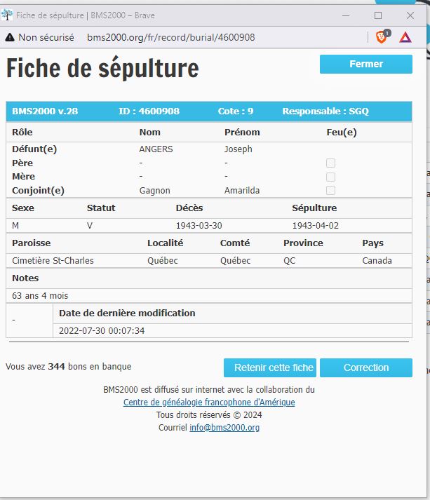 Fiche de sépulture de la base de données BMS2000