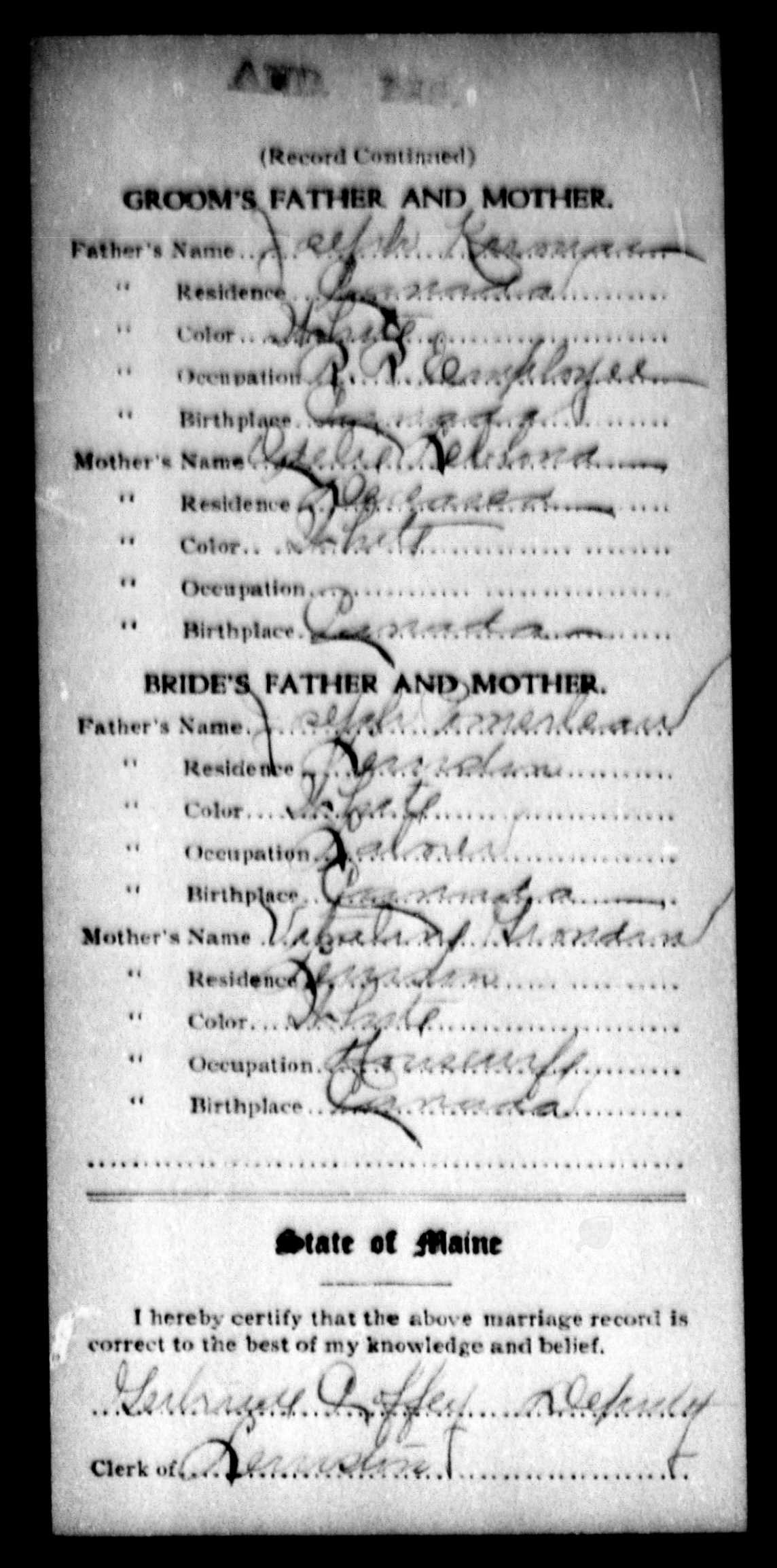 Enregistrement du mariage, verso