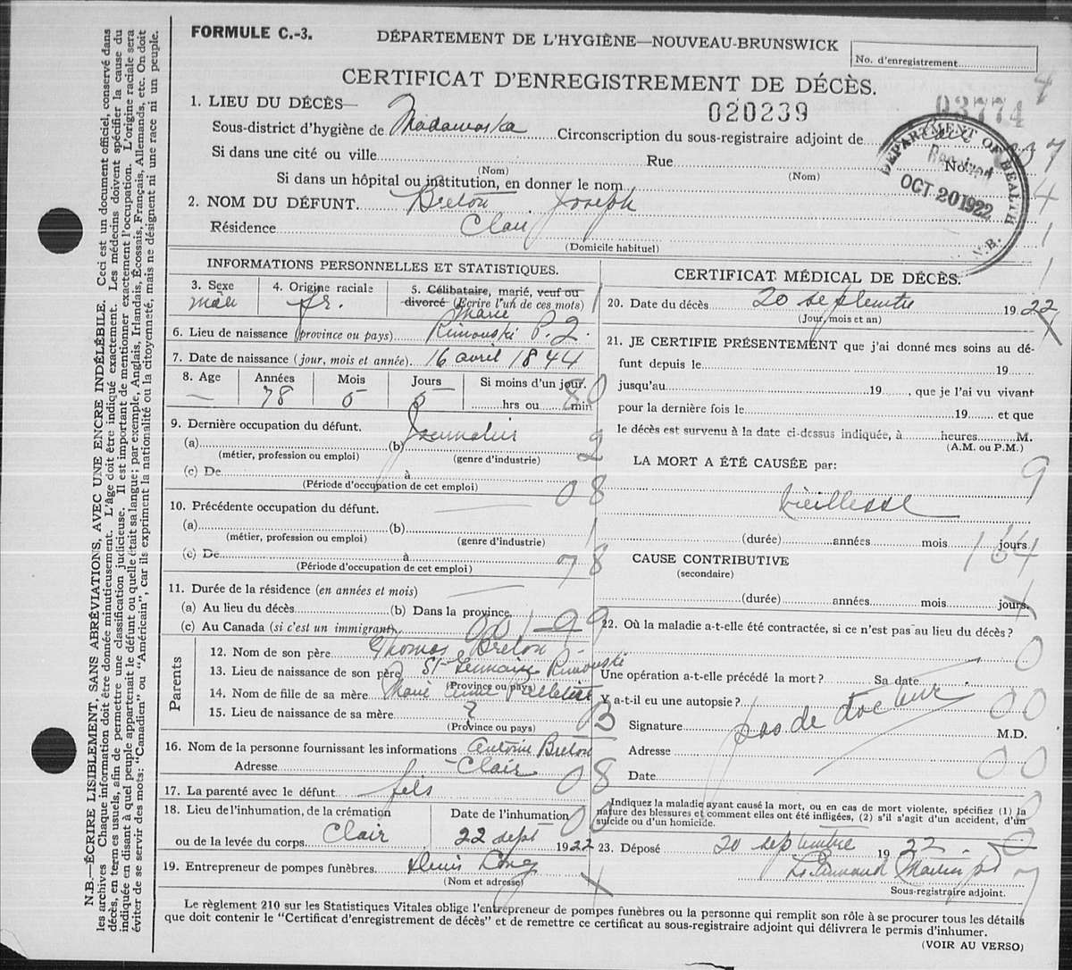Certificat d'enregistrement de décès