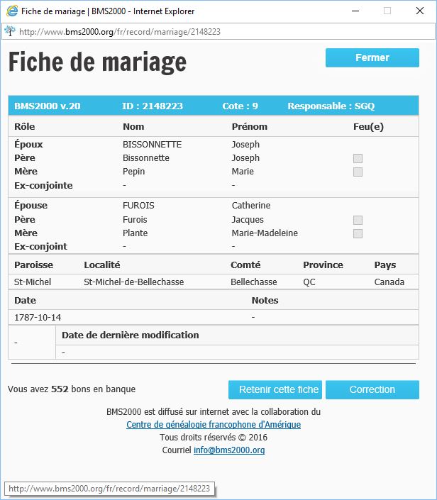 Fiche de mariage de la base de données BMS2000