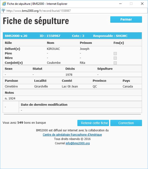 Fiche de sépulture de la base de données BMS2000