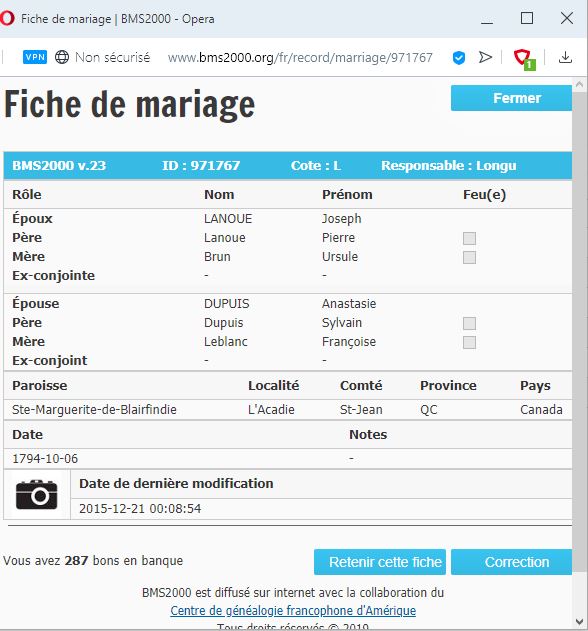 Fiche de mariage de la base de données BMS2000