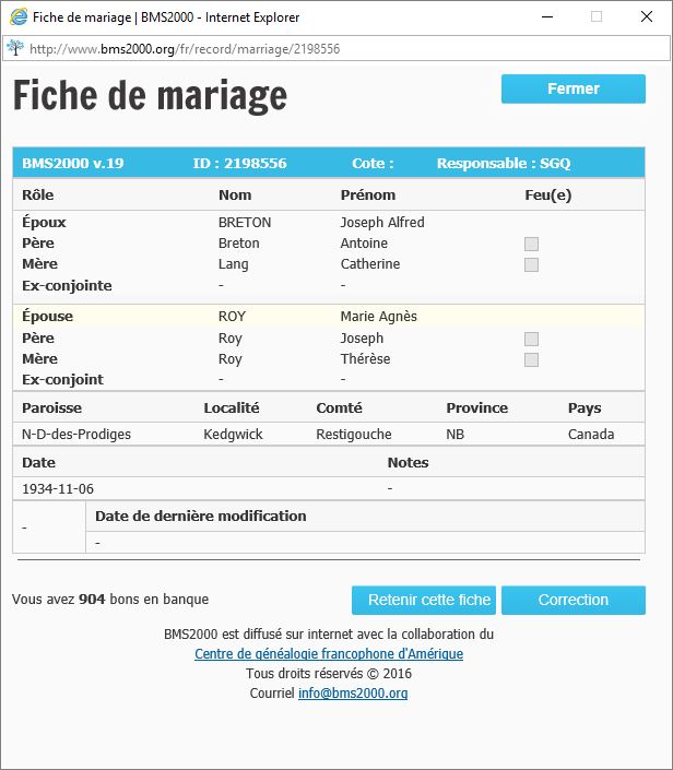 Fiche de mariage de la base de données BMS2000