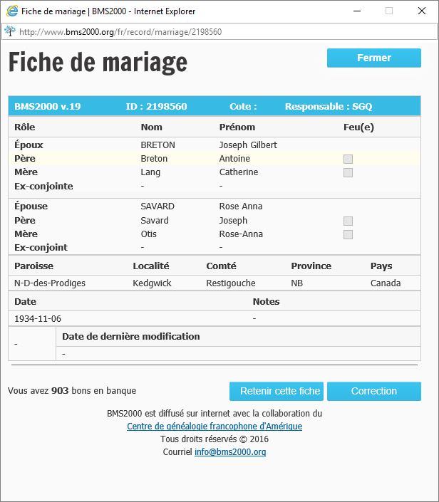 Fiche de mariage de la base de données BMS2000 Fiche de mariage de la base de données BMS2000