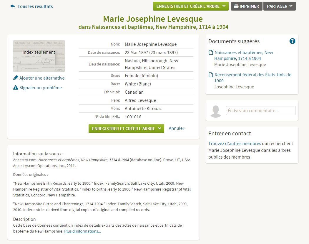 Mention de la naissance