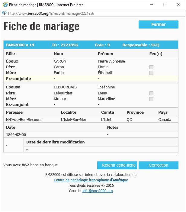 Fiche de mariage de la base de données BMS2000 Fiche de mariage de la base de données BMS2000