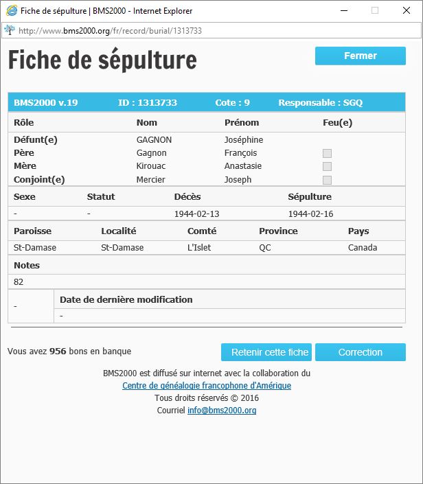 Fiche de sépulture de la base de données BMS2000