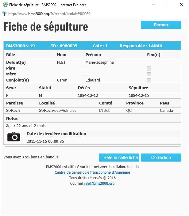 Fiche de sépulture de la base de données BMS2000