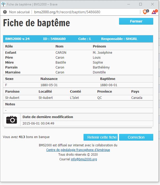 Fiche de baptême de la base de données BMS2000 Fiche de baptême de la base de données BMS2000