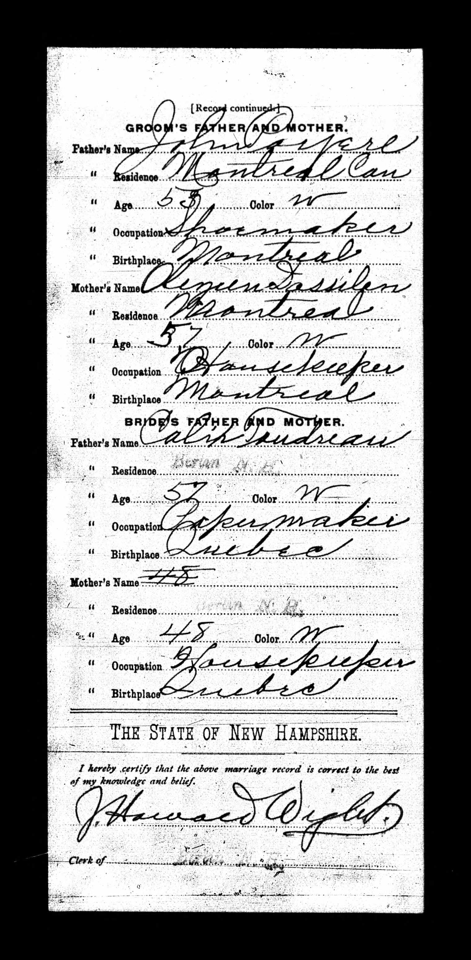 Enregistrement du mariage, verso