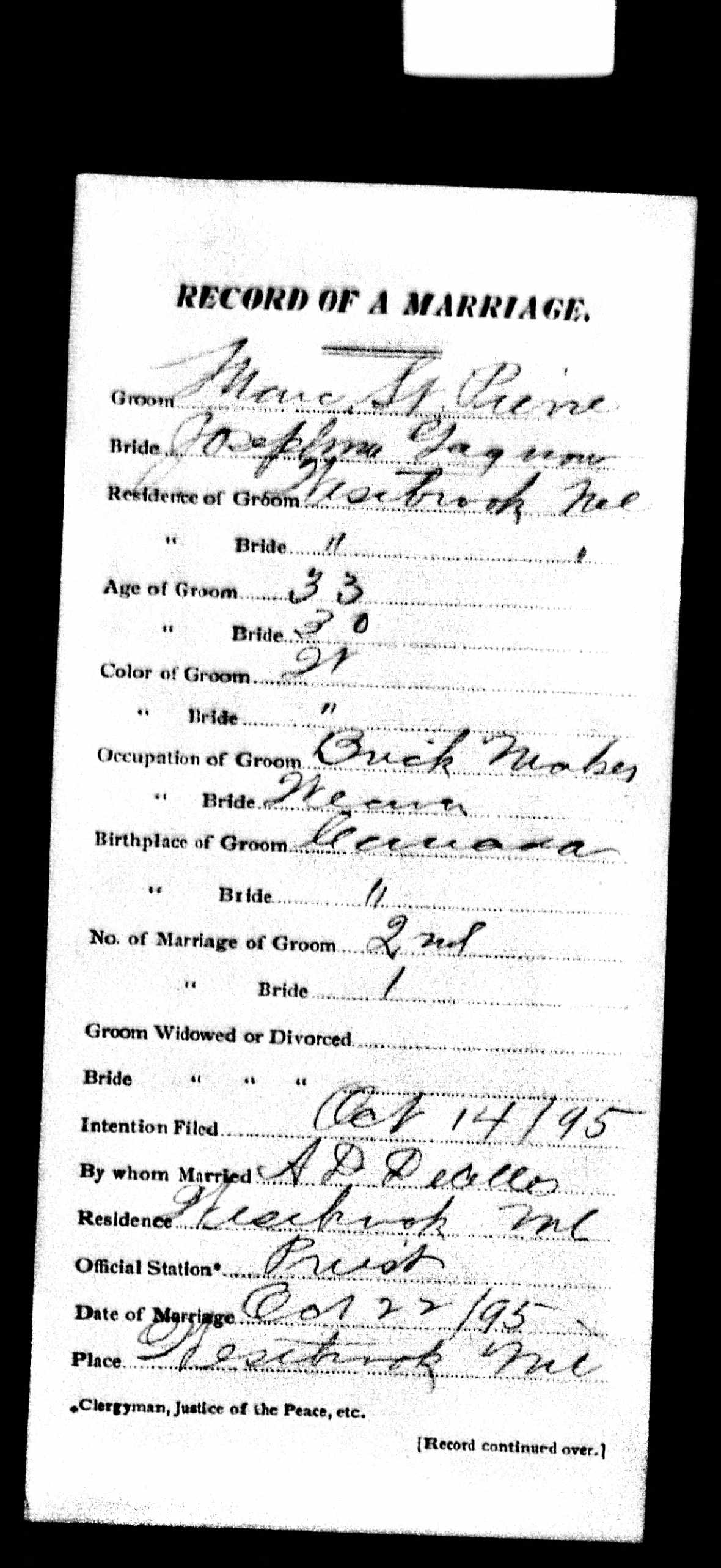 Enregistrement du mariage, recto