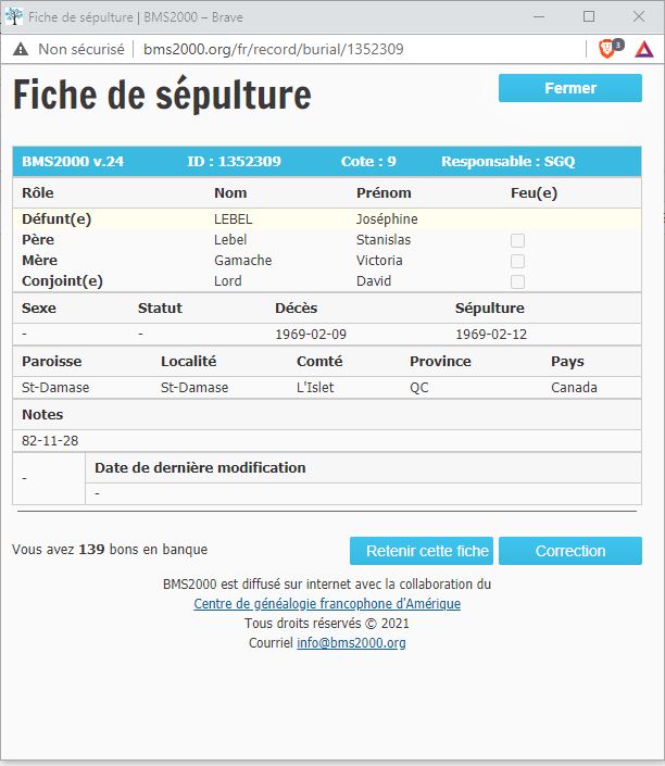Fiche de sépulture de la base de données BMS2000
