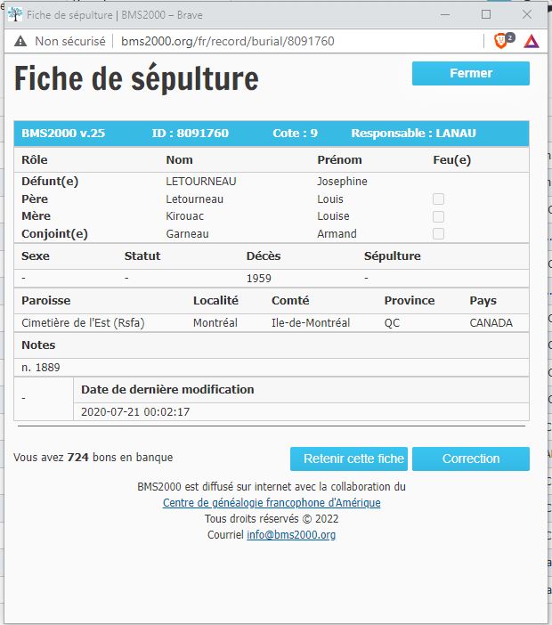 Fiche de sépulture de la base de données BMS2000