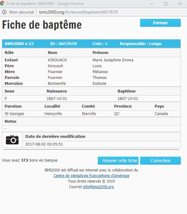Fiche de baptême de la base de données BMS2000 Fiche de baptême de la base de données BMS2000