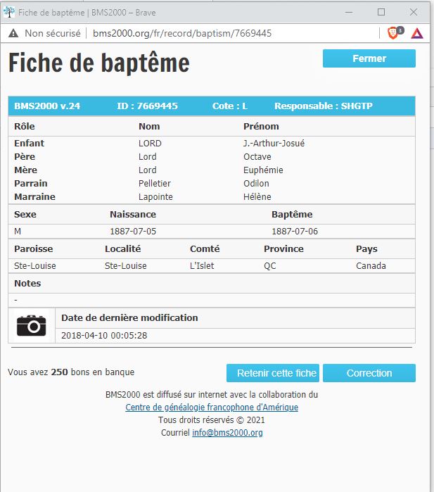 Fiche de baptême de la base de données BMS2000