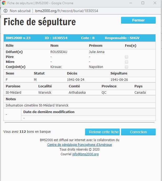 Fiche de sépulture de la base de données BMS2000 Fiche de sépulture de la base de données BMS2000