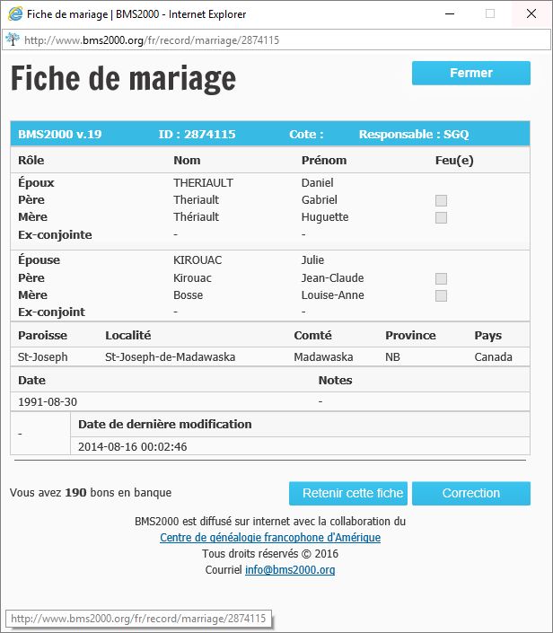 Fiche de mariage de la base de données BMS2000 Fiche de mariage de la base de données BMS2000