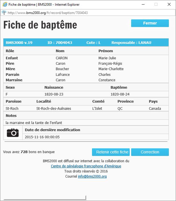 Fiche de baptême de la base de données BMS2000