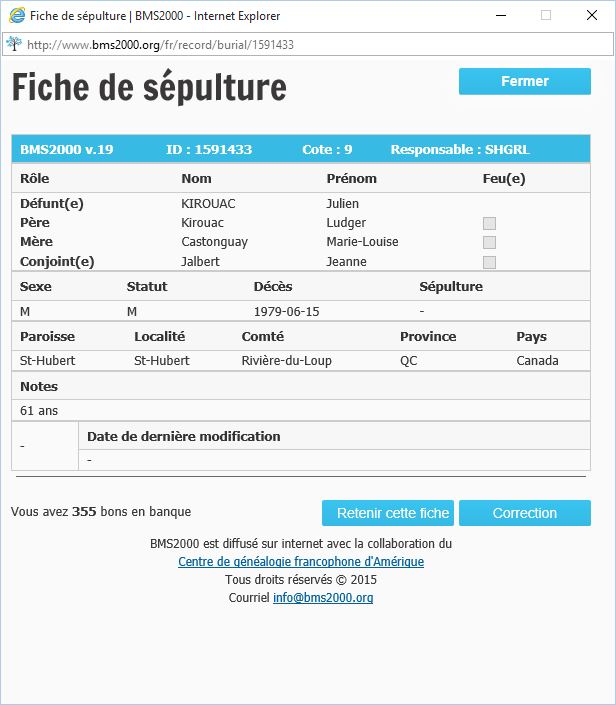 Fiche de sépulture de la base de données BMS2000