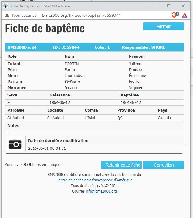 Fiche de baptême de la base de données BMS2000