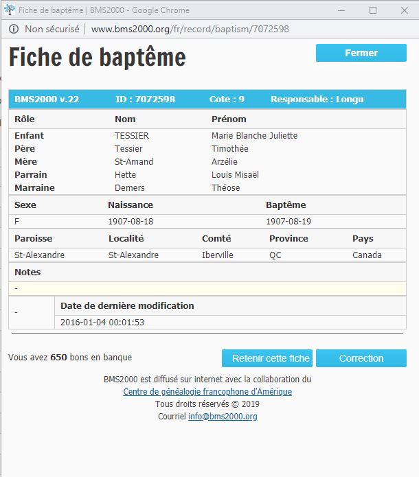 Fiche de baptême de la base de données BMS2000