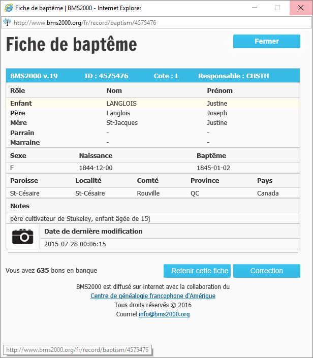 Fiche de baptême de la base de données BMS2000