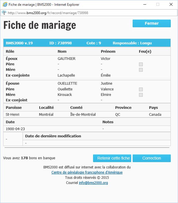 Fiche de mariage de la base de données BMS2000 Fiche de mariage de la base de données BMS2000