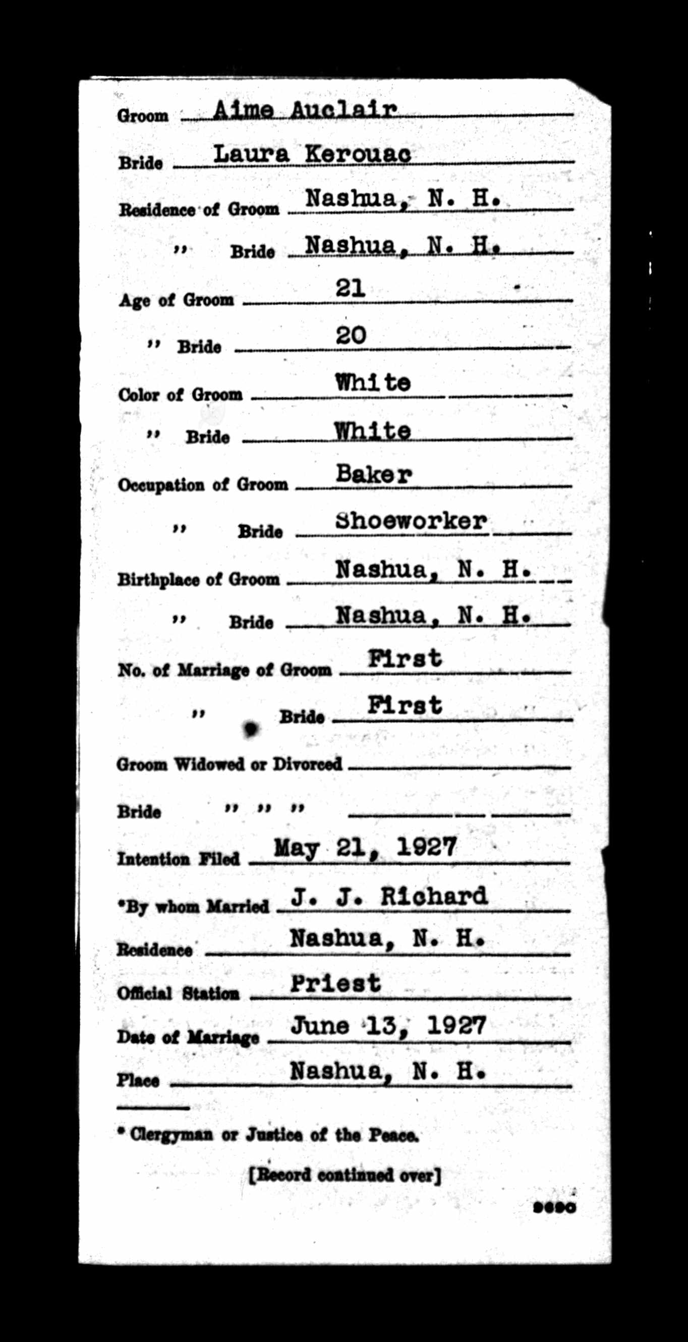 Enregistrement du mariage, recto