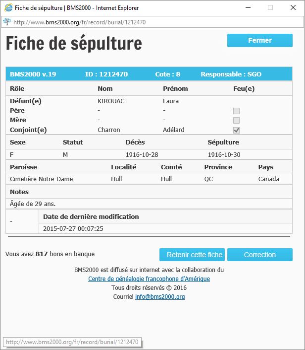 Fiche de sépulture de la base de données BMS2000