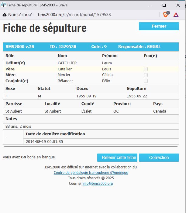 Fiche de sépulture de la base de données BMS2000