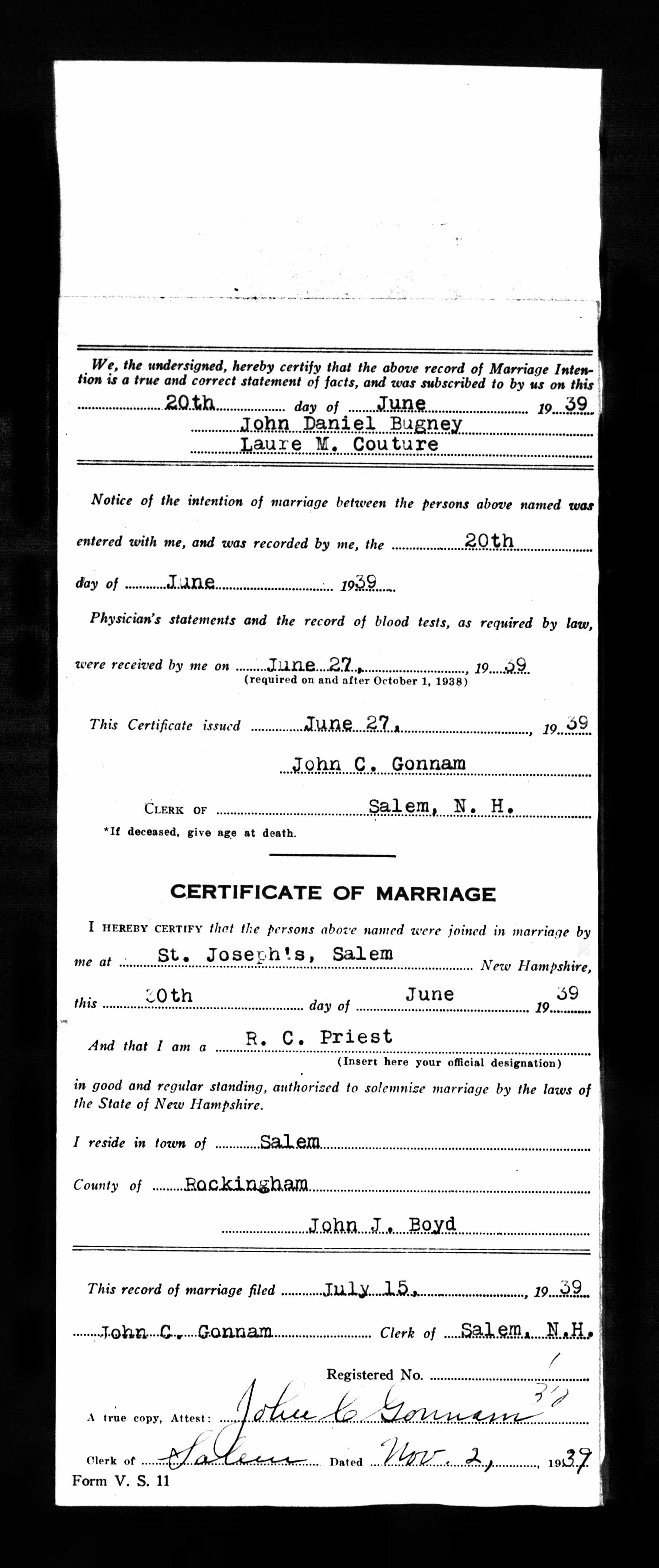Enregistrement du mariage, verso
