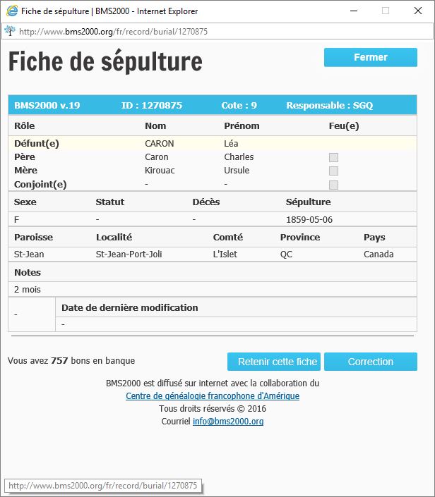 Fiche de sépulture de la base de données BMS2000