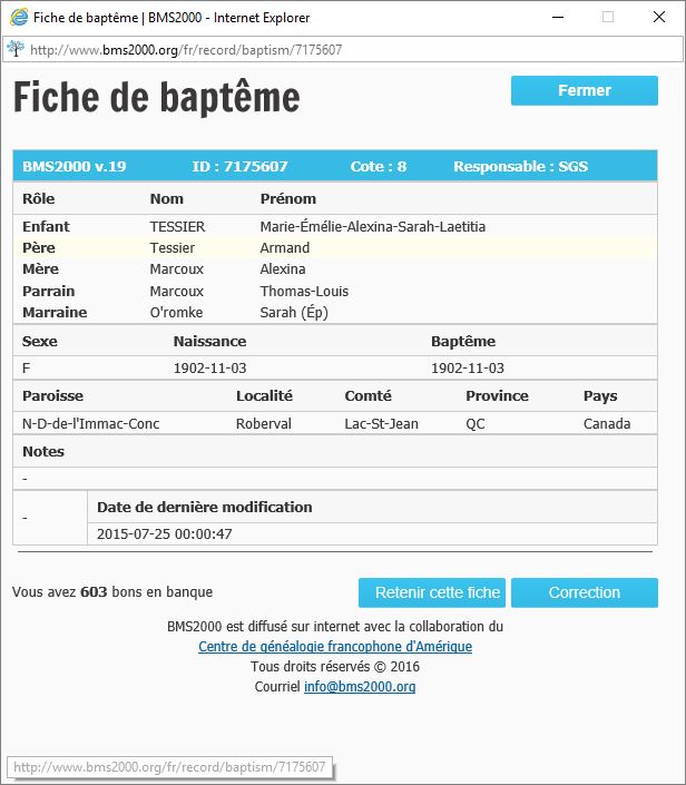 Fiche de baptême de la base de données BMS2000 Fiche de baptême de la base de données BMS2000