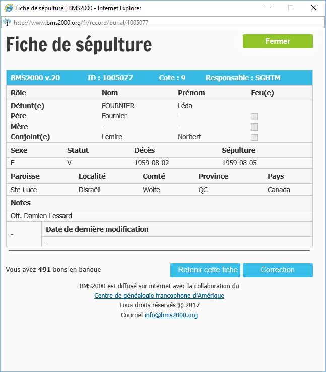 Fiche de sépulture de la base de données BMS2000
