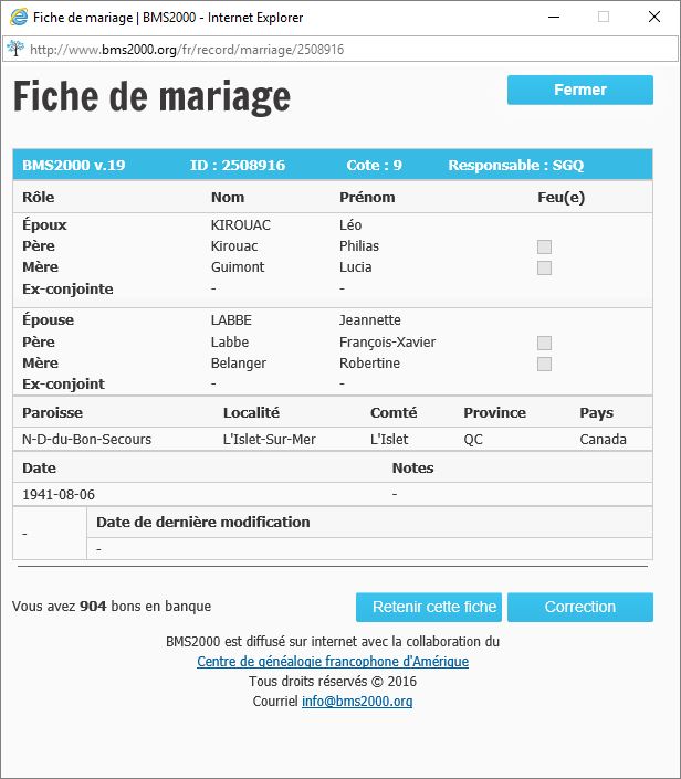 Fiche de mariage de la base de données BMS2000