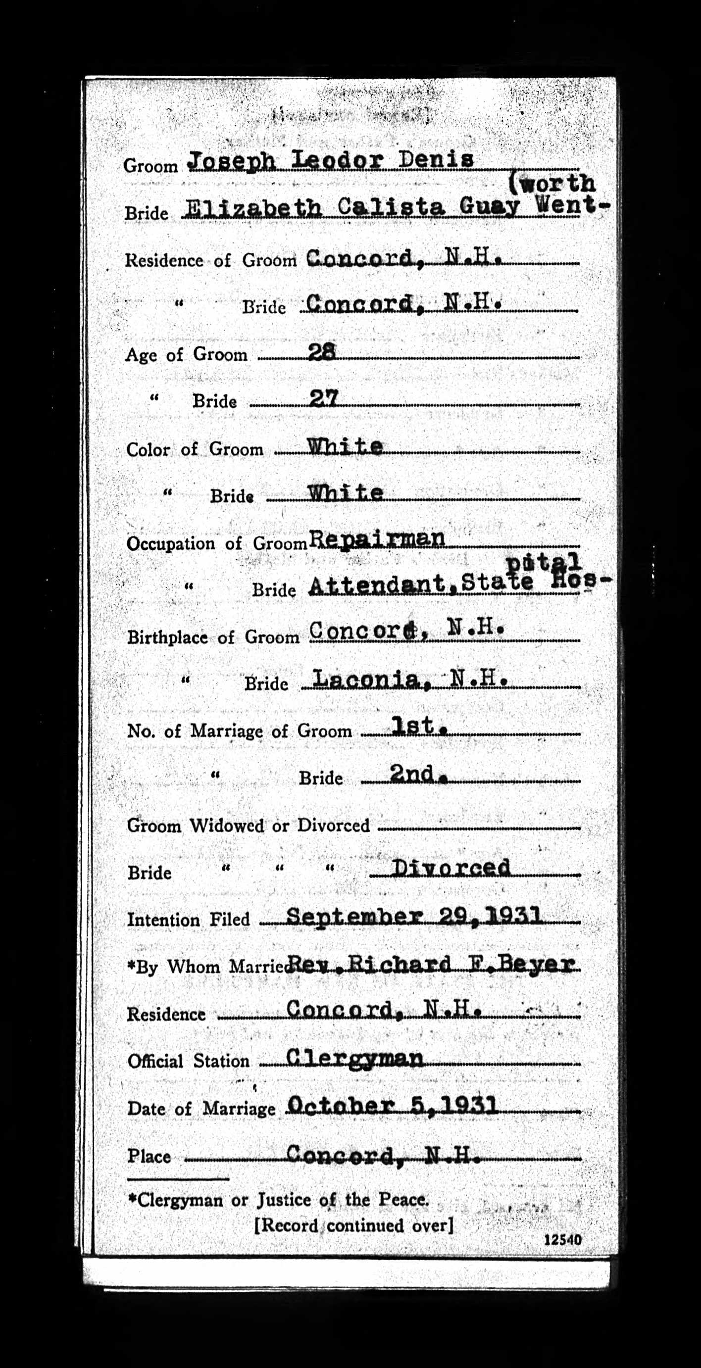Enregistrement du mariage, recto