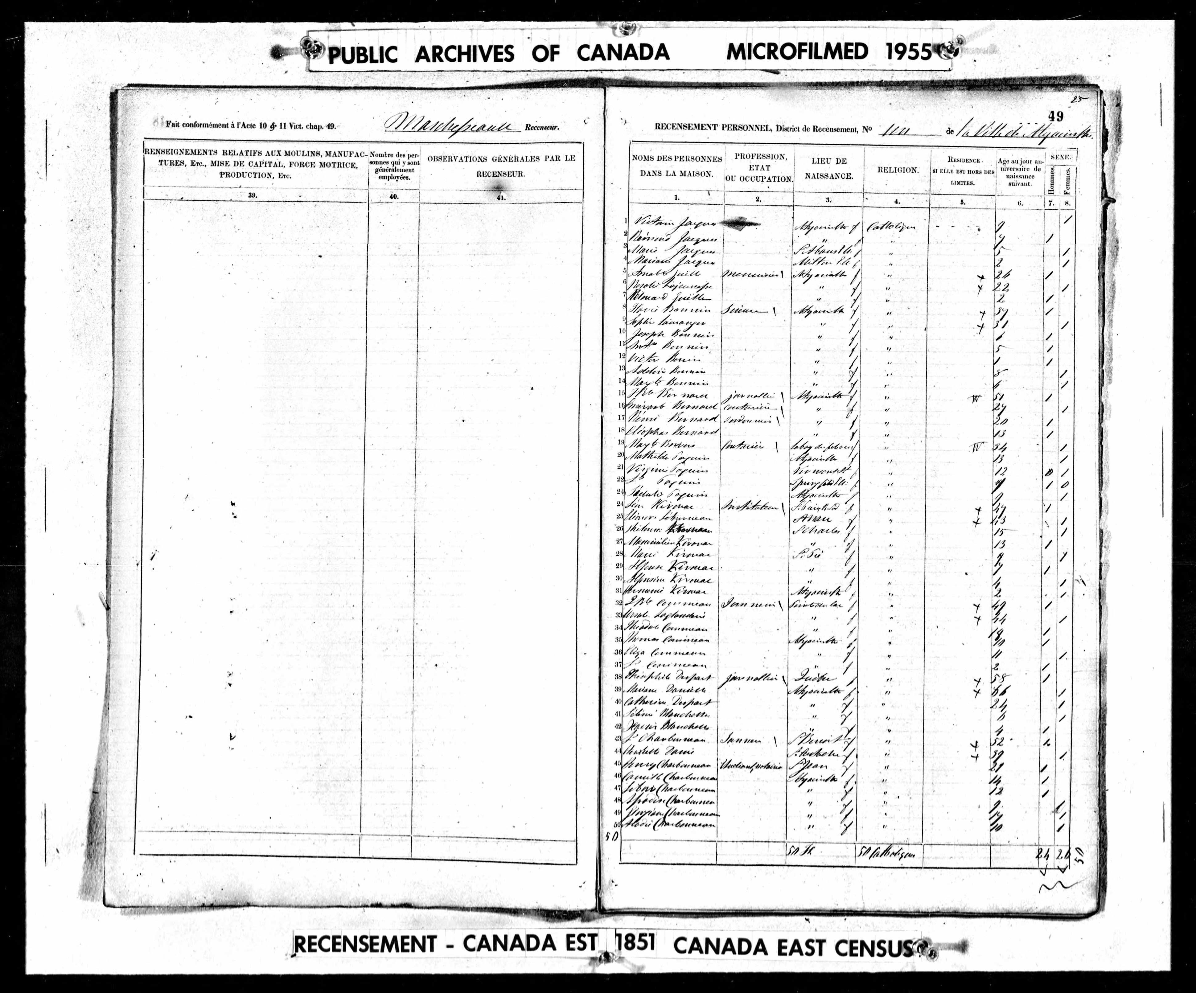Recensement canadien 1851