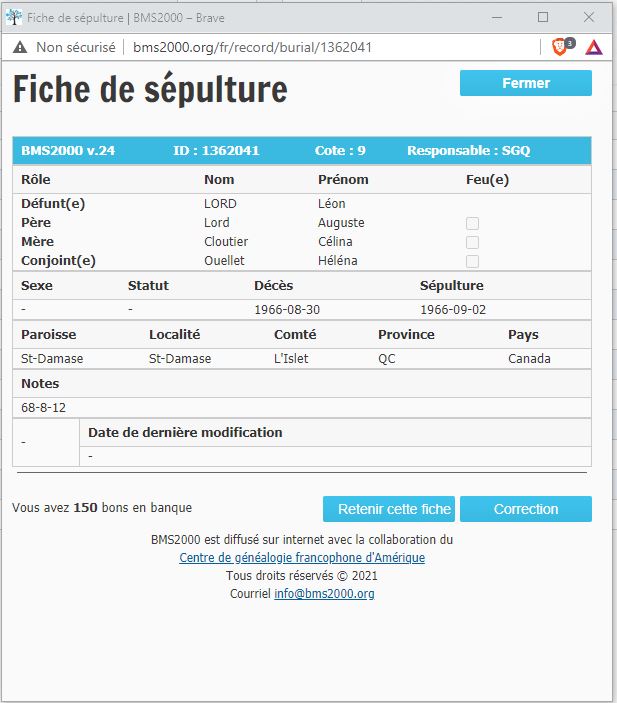 Fiche de sépulture de la base de données BMS2000
