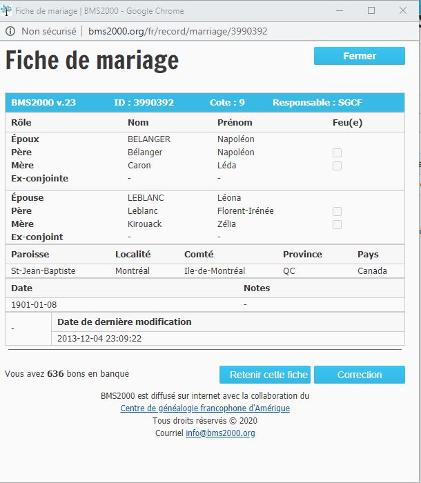Fiche de mariage de la base de données BMS2000